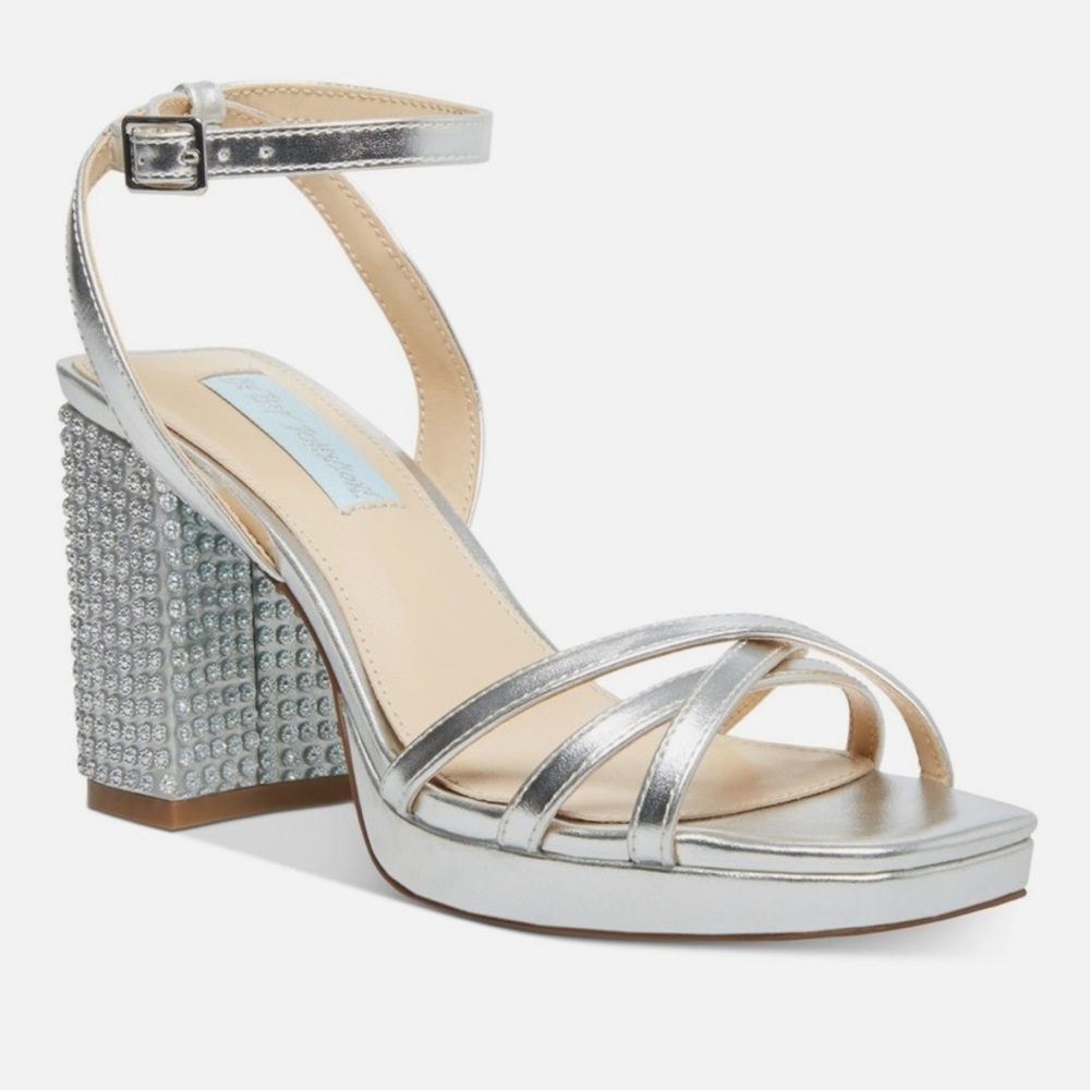 Betsey Johnson Zhara Silver Metallic Rhinestone Block Heel Sandals Size 11